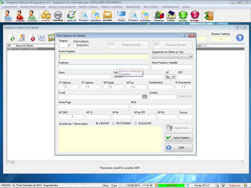 TELA DO PROGRAMA OS VIDRA�ARIA 4.7