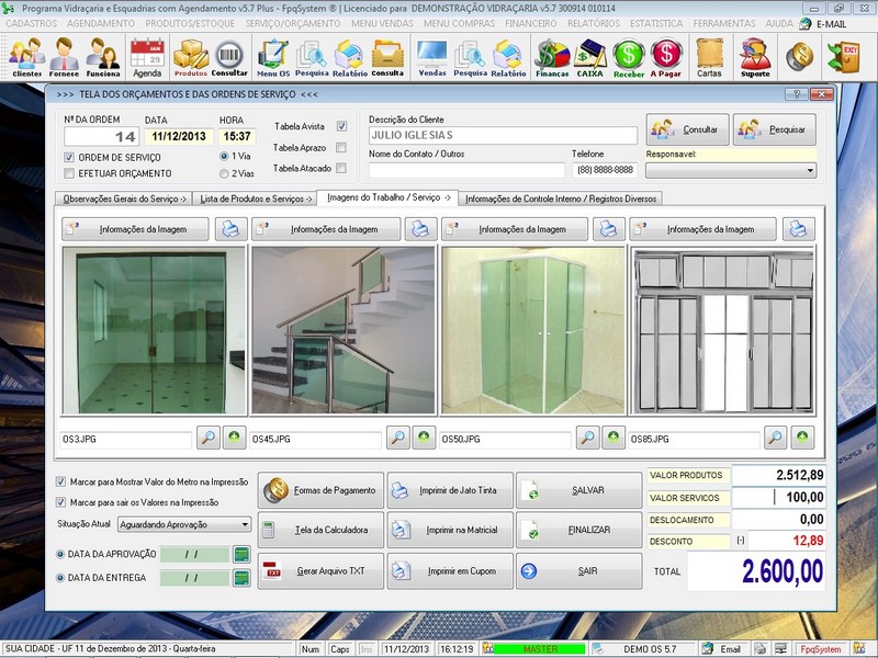 Imagens do Programa Vidra�aria e Esquadria v5.7 Plus