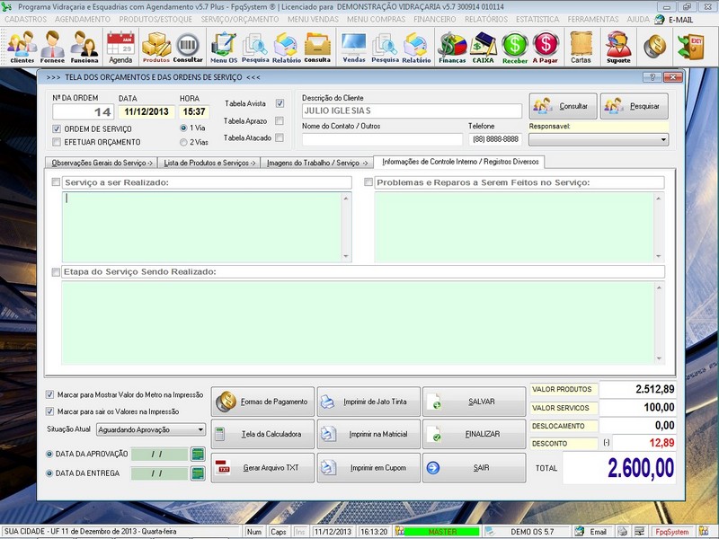 Imagens do Programa Vidra�aria e Esquadria v5.7 Plus