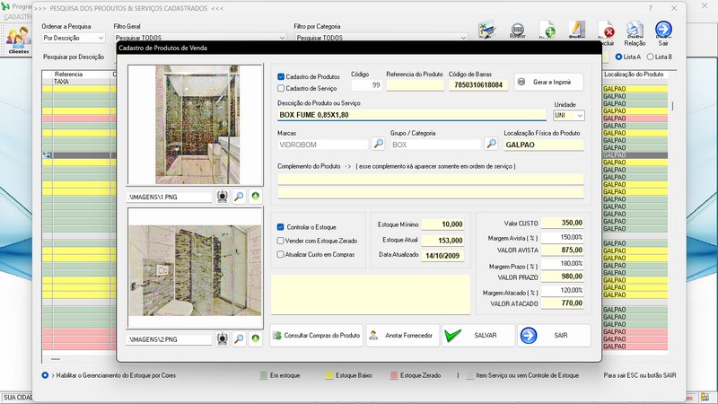 Imagens do Programa Vidra�aria e Esquadria v6.7 Plus