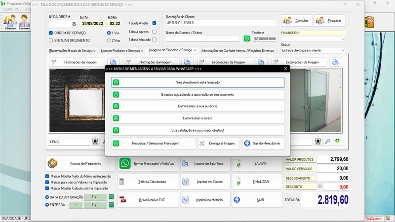 Imagens do Programa Vidra�aria e Esquadria v7.7 Plus