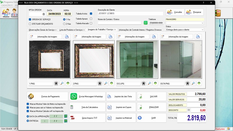 Imagens do Programa Vidra�aria e Esquadria v7.7 Plus